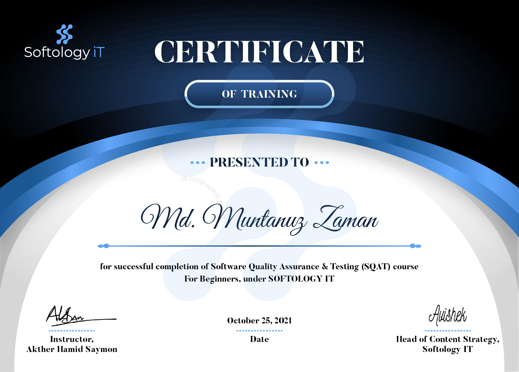 Certificate for completion of 